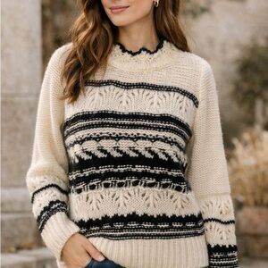 Dex Black & Cream Fair Isle Knit Sweater Boho Cozy